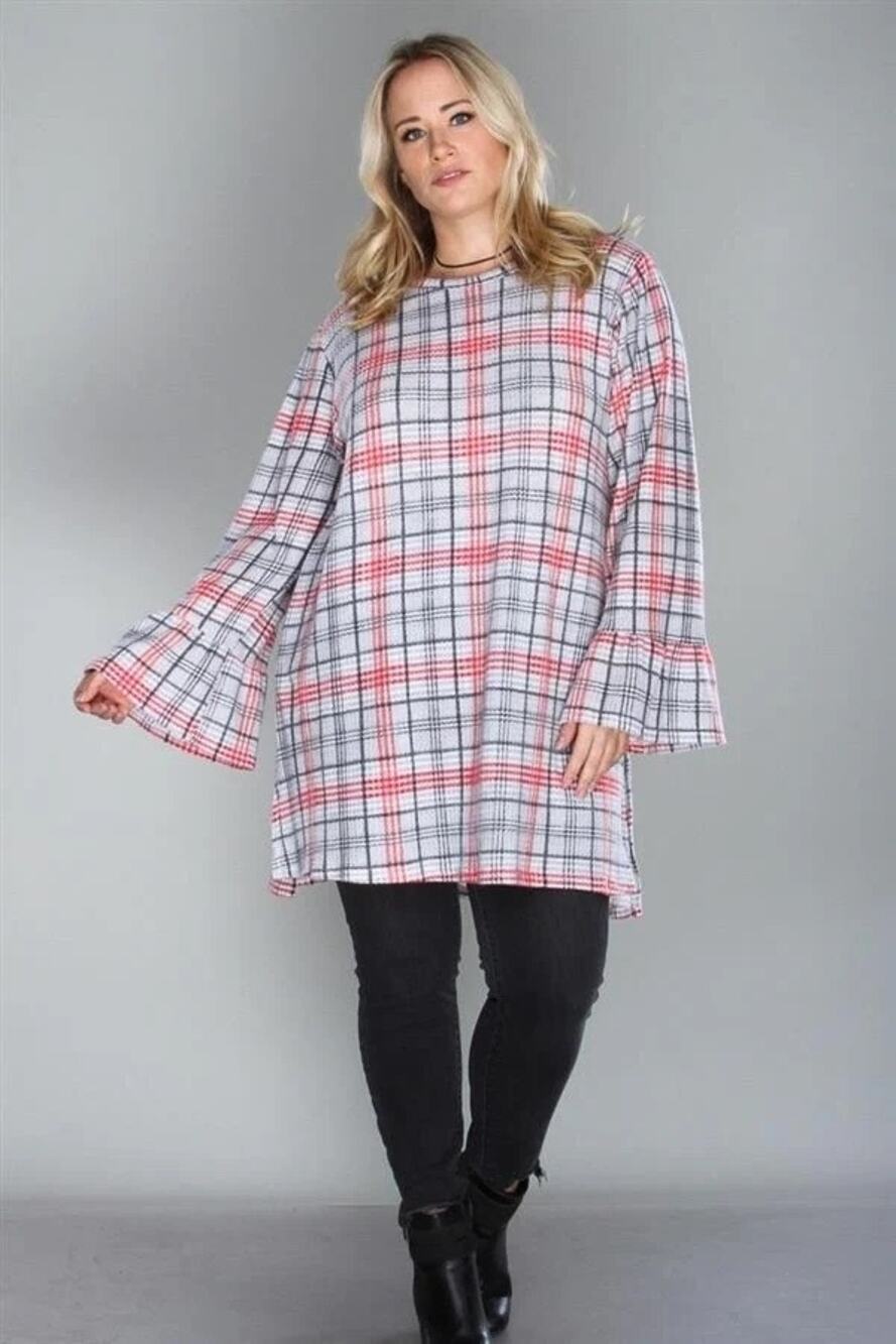 Crêpas Women's Gray/Red Plaid Madras Print Soft Bell Sleeve Tunic Top | Size 1XL